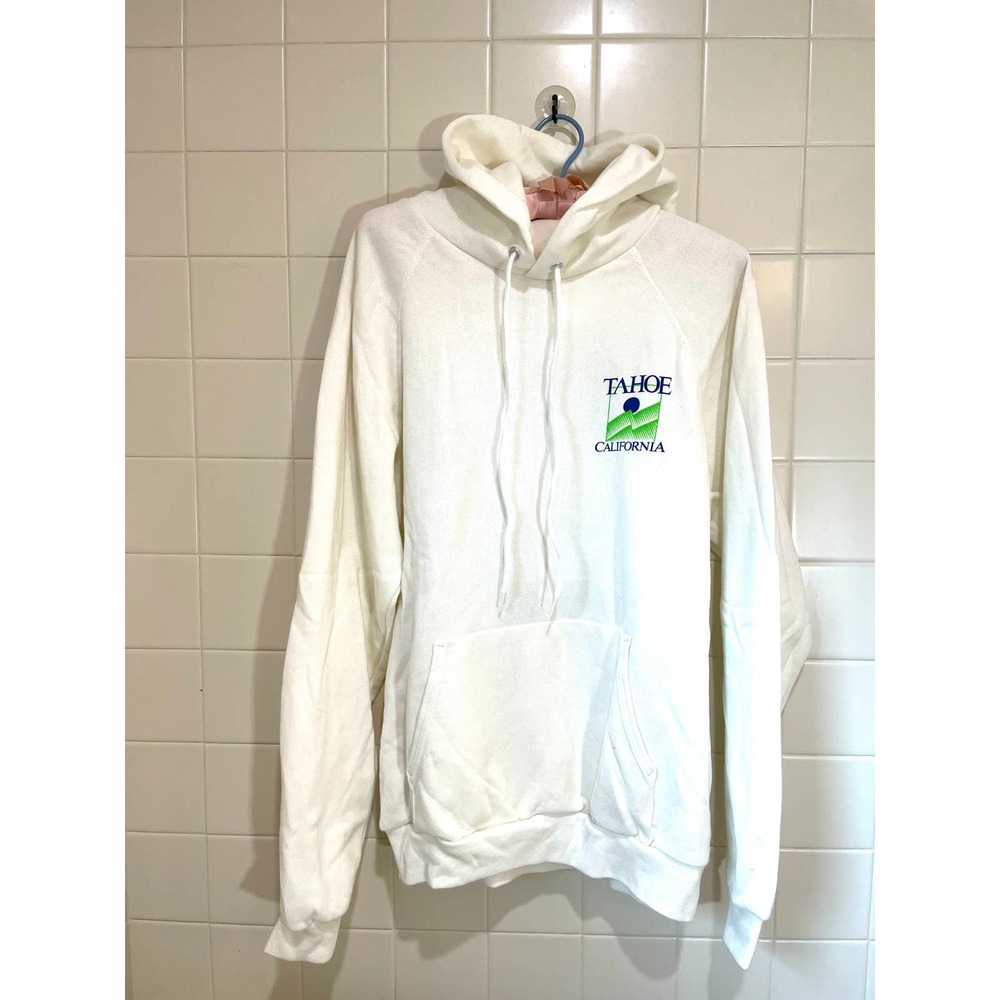 Vintage White Hoodie Lake Tahoe Sweatshirt Hanes New Old Stock Large